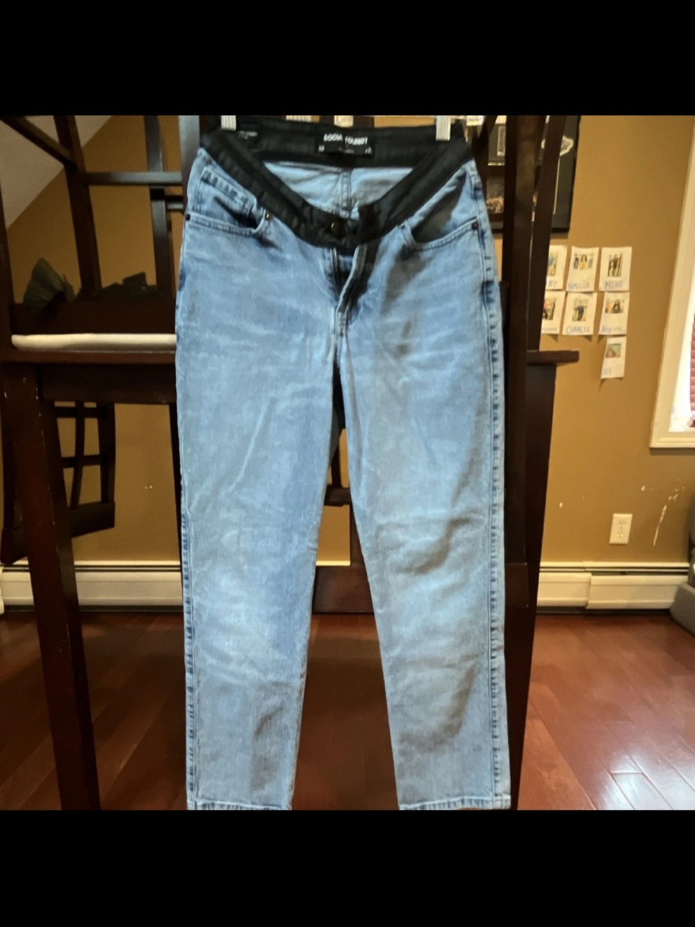 Light Wash Denim Jeans with Black Waistband